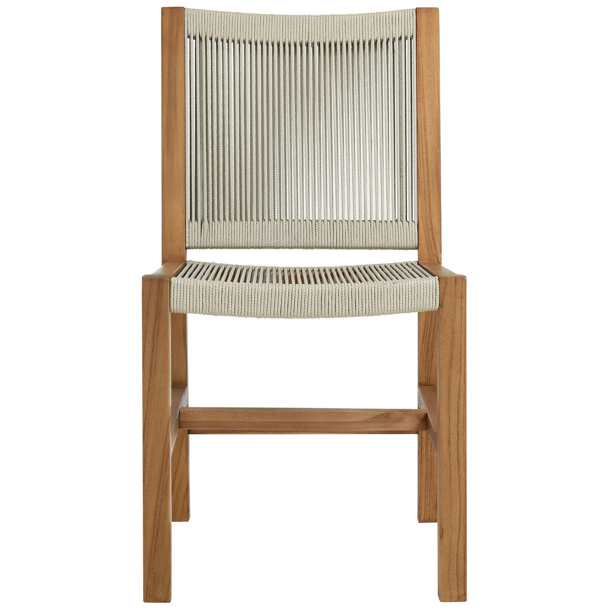 Teak outdoor dining chair with natural rope seat and backrest offers breezy, armless comfort || EEI-6805-NAT-NAT || front_studio