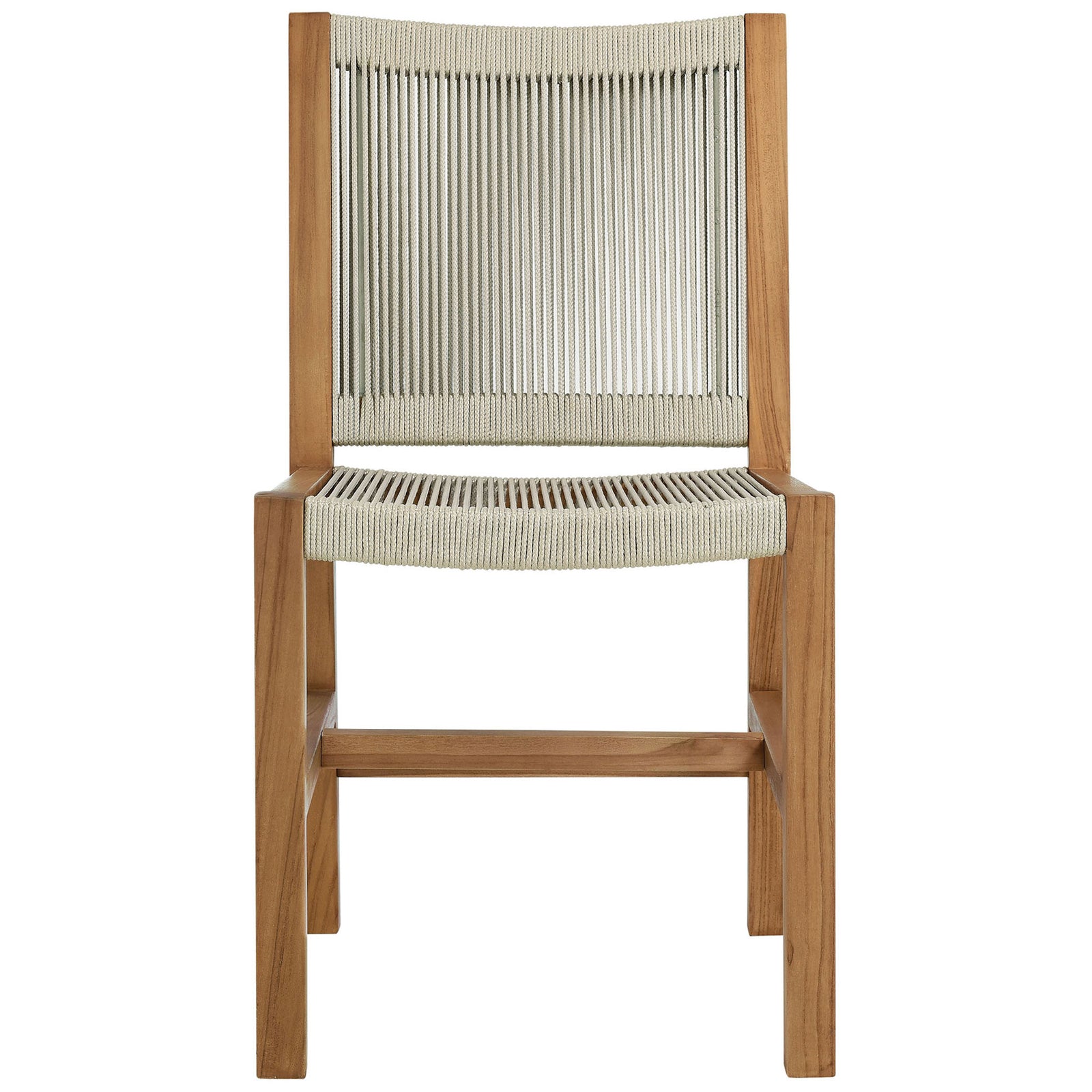 Teak outdoor dining chair with natural rope seat and backrest offers breezy, armless comfort || EEI-6805-NAT-NAT || front_studio