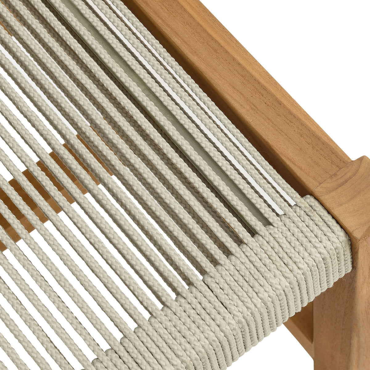 Tightly woven natural rope seat wraps smoothly around the teak frame for lasting outdoor comfort || EEI-6805-NAT-NAT || detail_studio