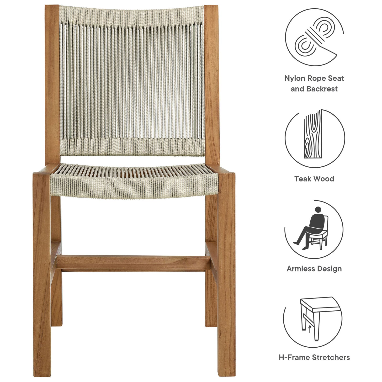 Feature graphic highlights nylon rope seat and back, solid teak construction, armless design, and H-frame stretchers || EEI-6805-NAT-NAT || callout_studio