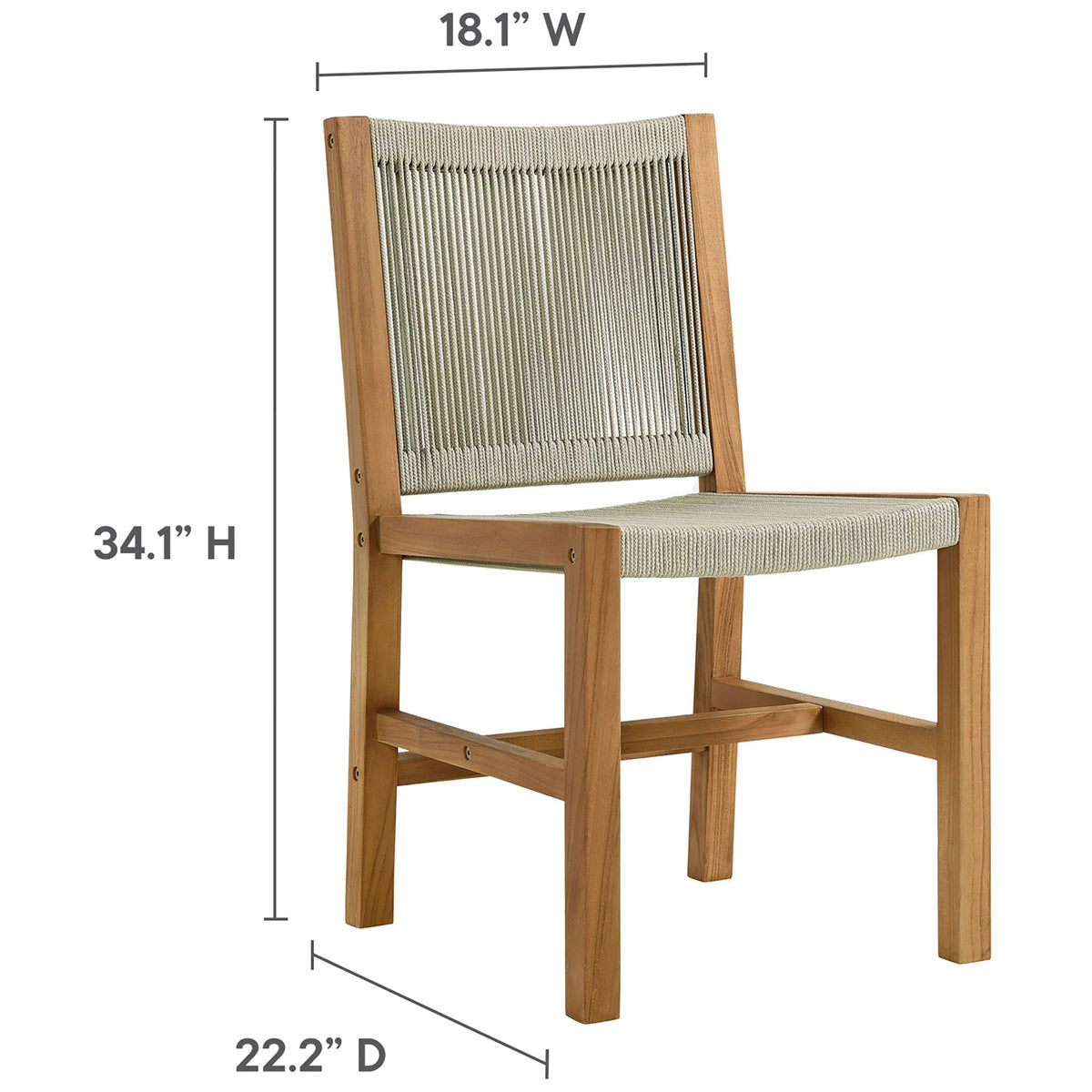 Dimension graphic shows height, width, and depth of the armless teak and natural rope dining chair || EEI-6805-NAT-NAT || dimension_studio