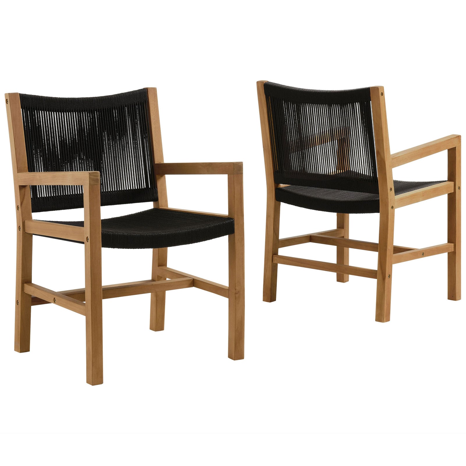 Pair of teak outdoor armchairs with black rope seats ready to frame a stylish patio dining table || EEI-6806-NAT-BLK || front_angle_multi_studio
