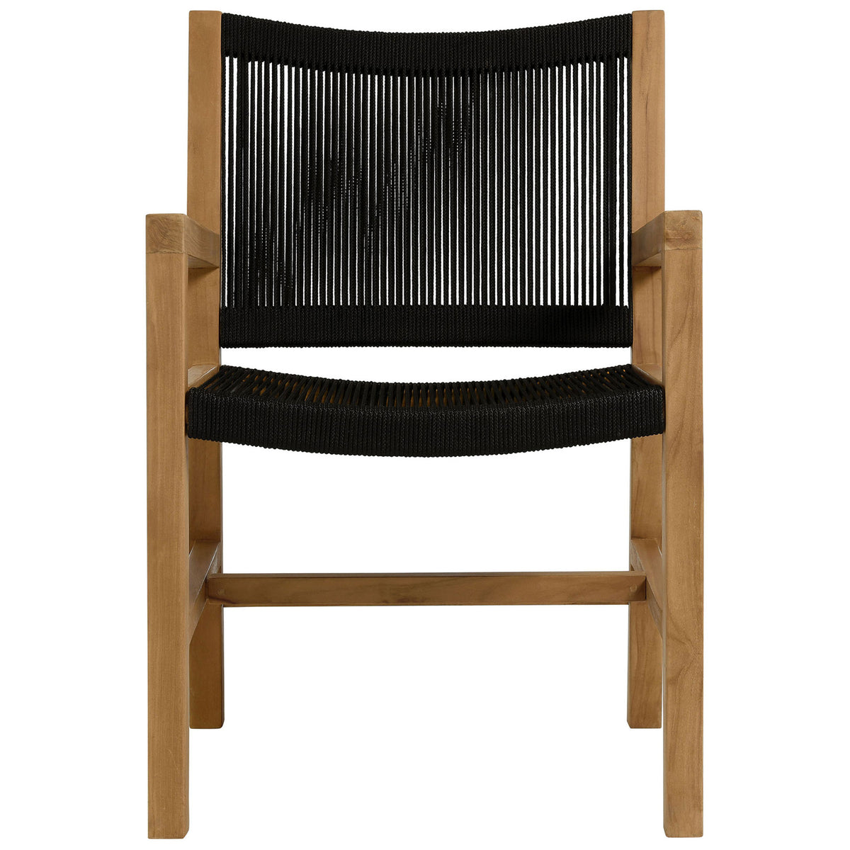 Teak outdoor dining armchair with black rope seat and backrest for modern coastal patios || EEI-6806-NAT-BLK || front_studio