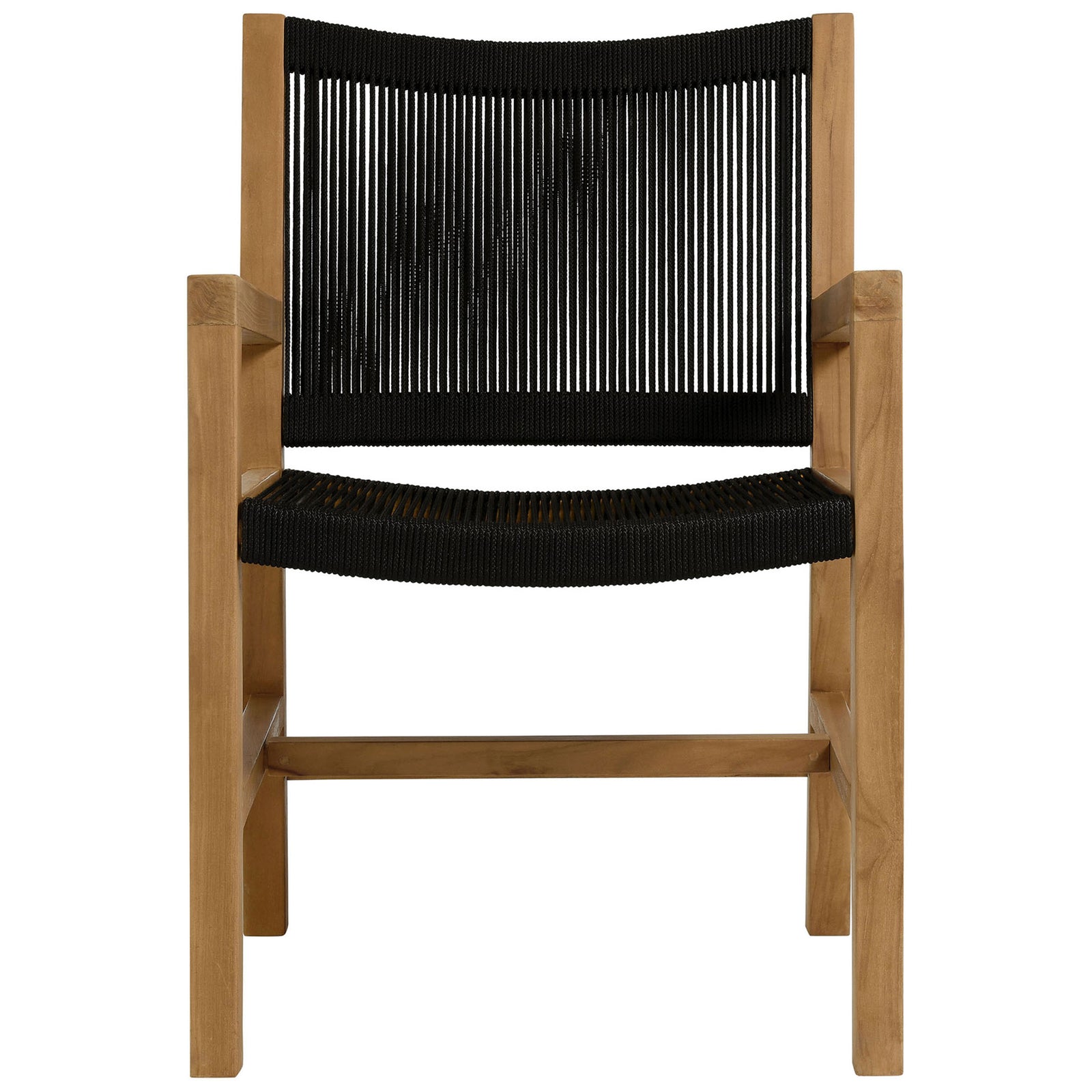 Teak outdoor dining armchair with black rope seat and backrest for modern coastal patios || EEI-6806-NAT-BLK || front_studio