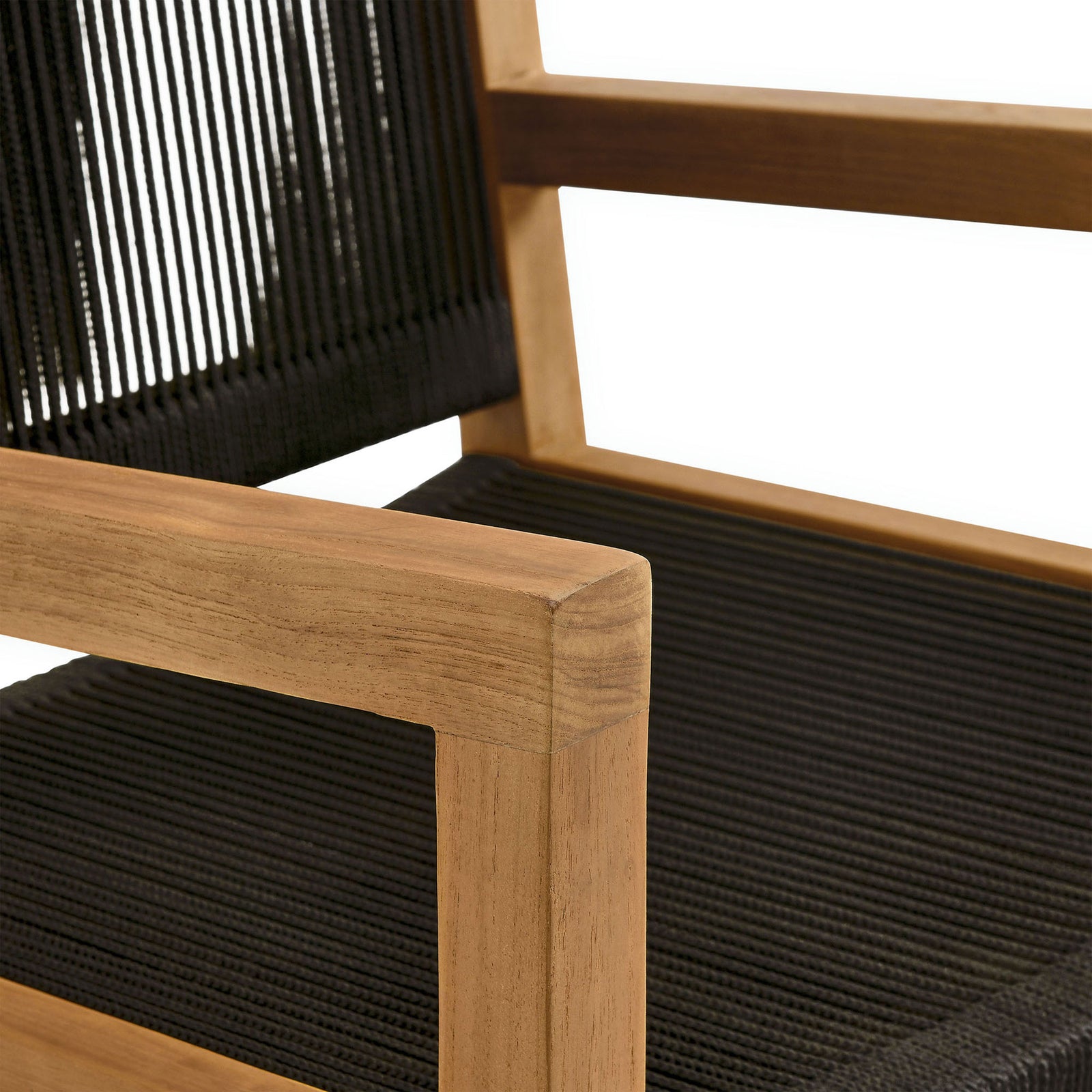 Smooth teak armrest meets tightly woven black rope seat for a refined, durable finish || EEI-6806-NAT-BLK || detail_studio