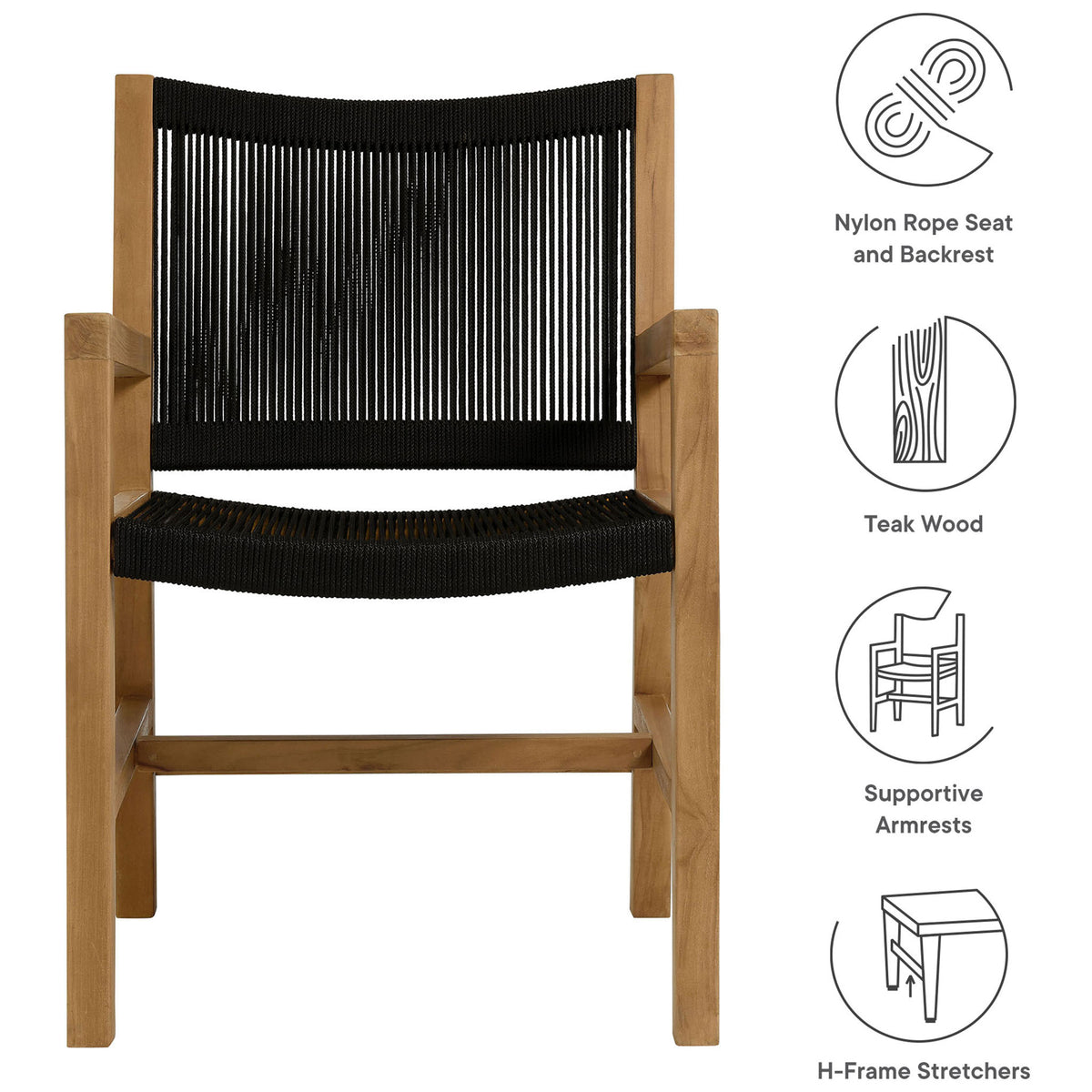 Feature layout highlights nylon rope seat and backrest, teak wood frame, armrests, and H-frame stretchers || EEI-6806-NAT-BLK || callout_studio