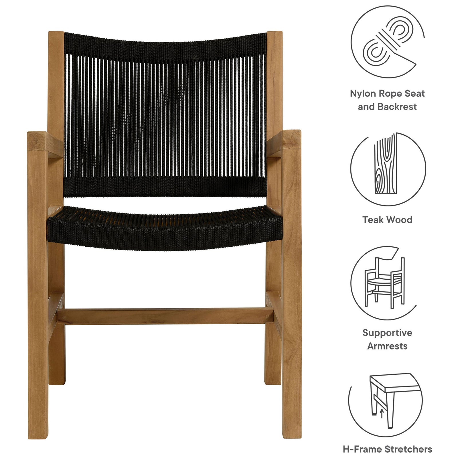 Feature layout highlights nylon rope seat and backrest, teak wood frame, armrests, and H-frame stretchers || EEI-6806-NAT-BLK || callout_studio