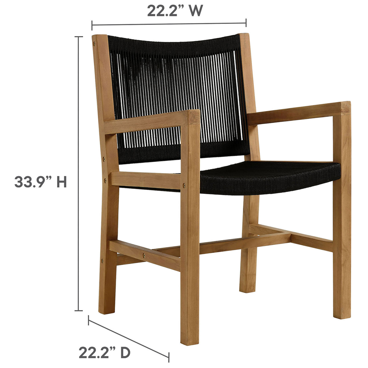 Sizing details for teak and black rope armchair showing overall height, width, and depth for planning || EEI-6806-NAT-BLK || dimension_studio
