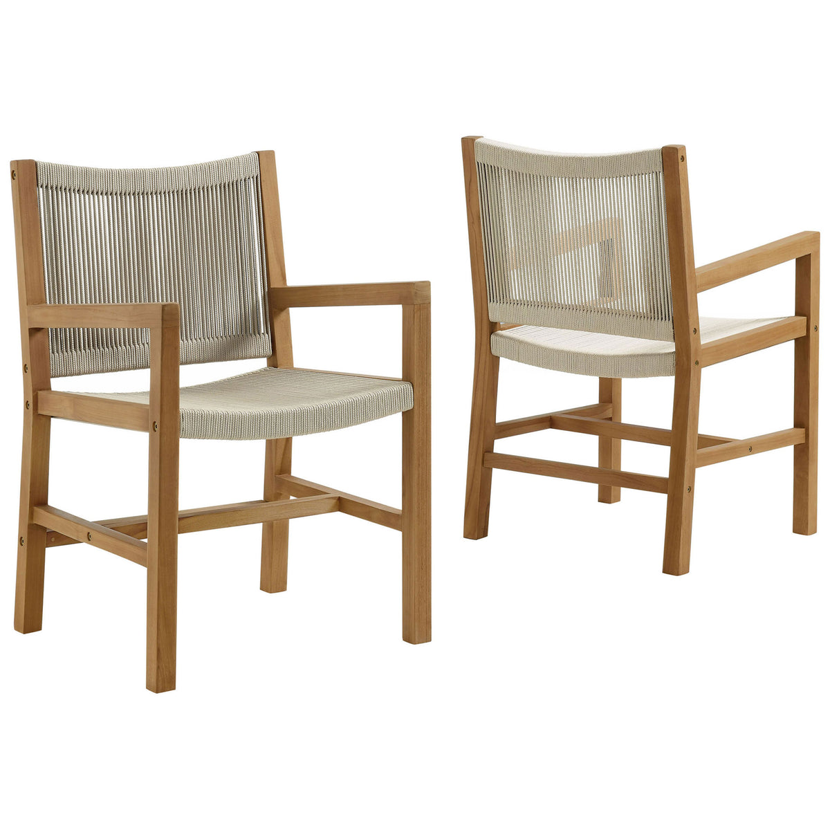 Set of two teak armchairs with natural rope seats ready to complete your outdoor dining ensemble || EEI-6806-NAT-NAT || front_angle_multi_studio