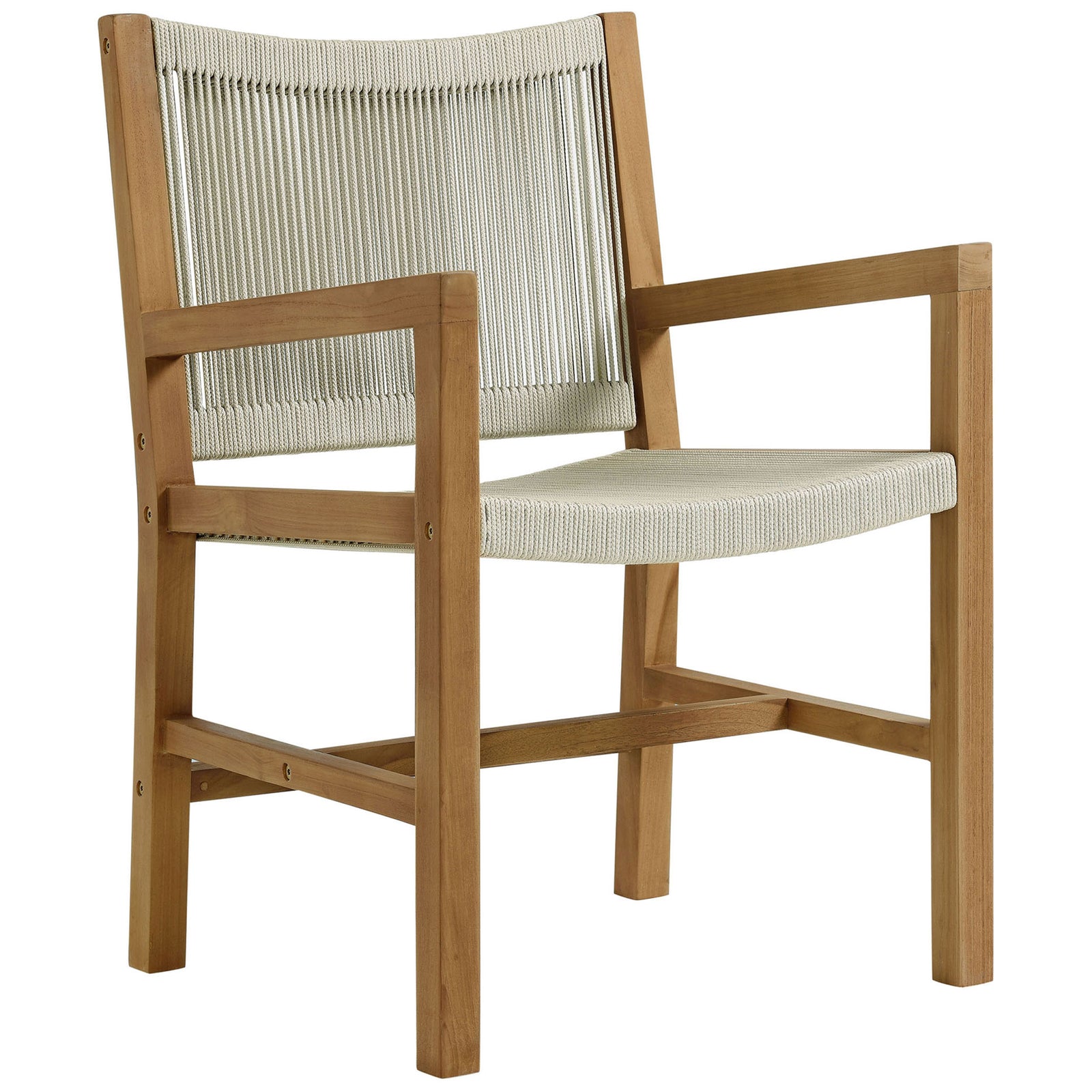 Clean-lined teak frame and natural rope lend this outdoor armchair a warm, minimalist look || EEI-6806-NAT-NAT || front_angle_studio