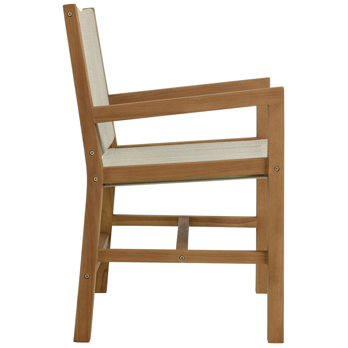 Teak and natural rope armchair showcases slim profile and gently reclined back for lingering meals || EEI-6806-NAT-NAT || side_studio