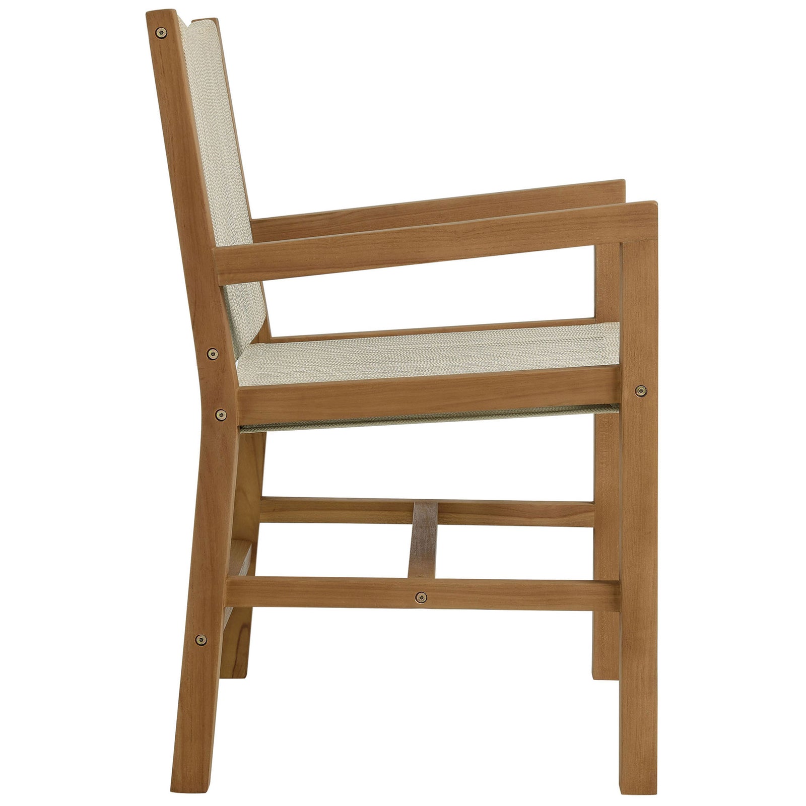 Teak and natural rope armchair showcases slim profile and gently reclined back for lingering meals || EEI-6806-NAT-NAT || side_studio