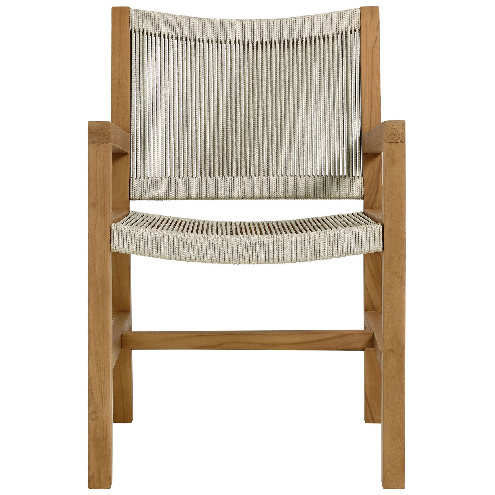 Teak outdoor dining armchair with light rope seat and backrest for breezy, relaxed patio style || EEI-6806-NAT-NAT || front_studio