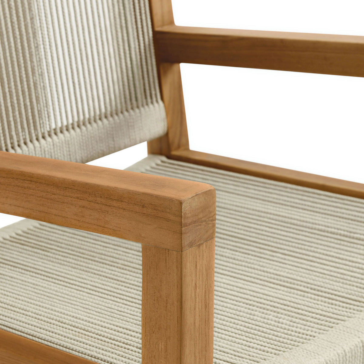 Smooth teak armrest meets tightly woven natural rope seat for a refined, durable finish || EEI-6806-NAT-NAT || detail_studio