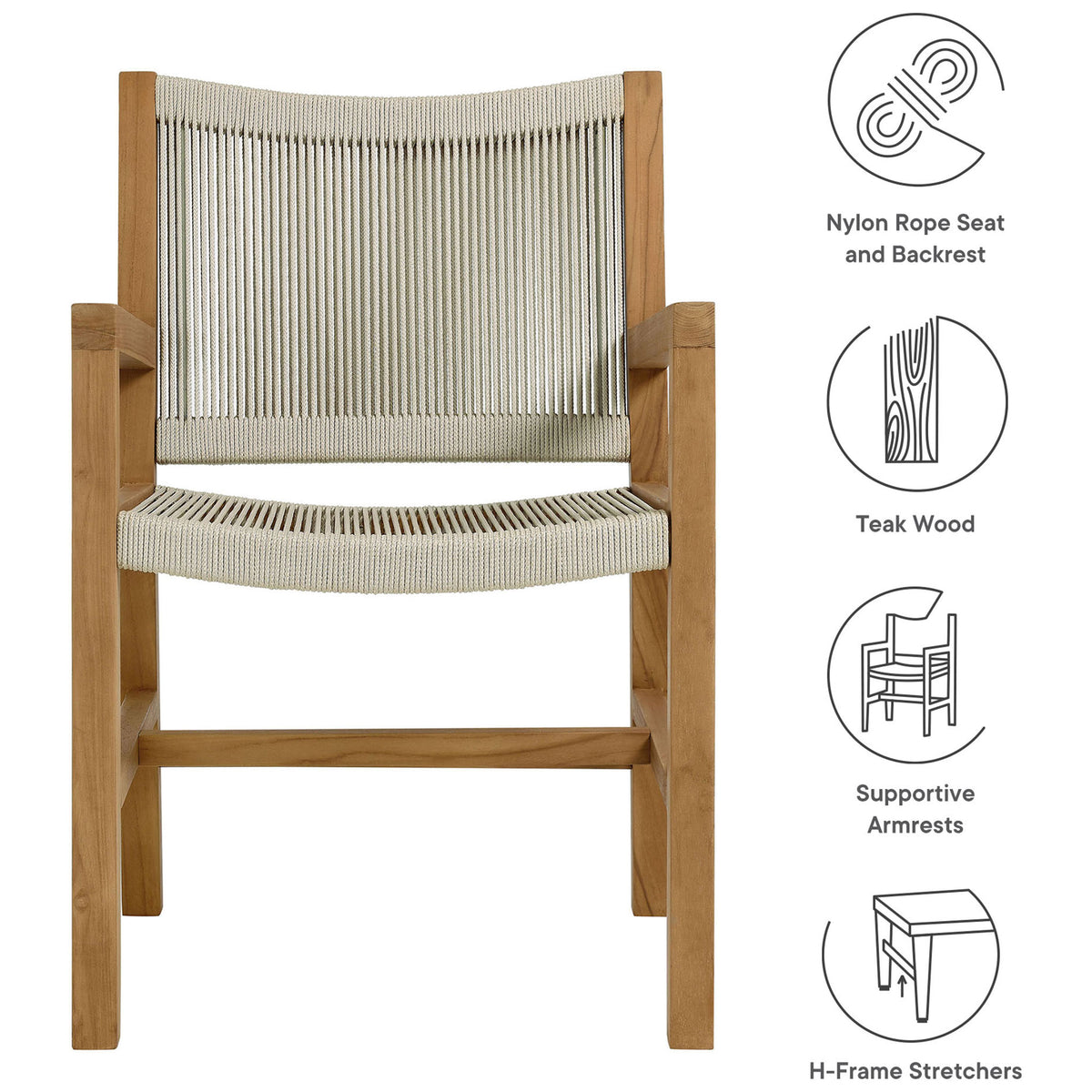 Key features call out nylon rope seating, solid teak construction, supportive arms, and H-frame stretchers || EEI-6806-NAT-NAT || callout_studio