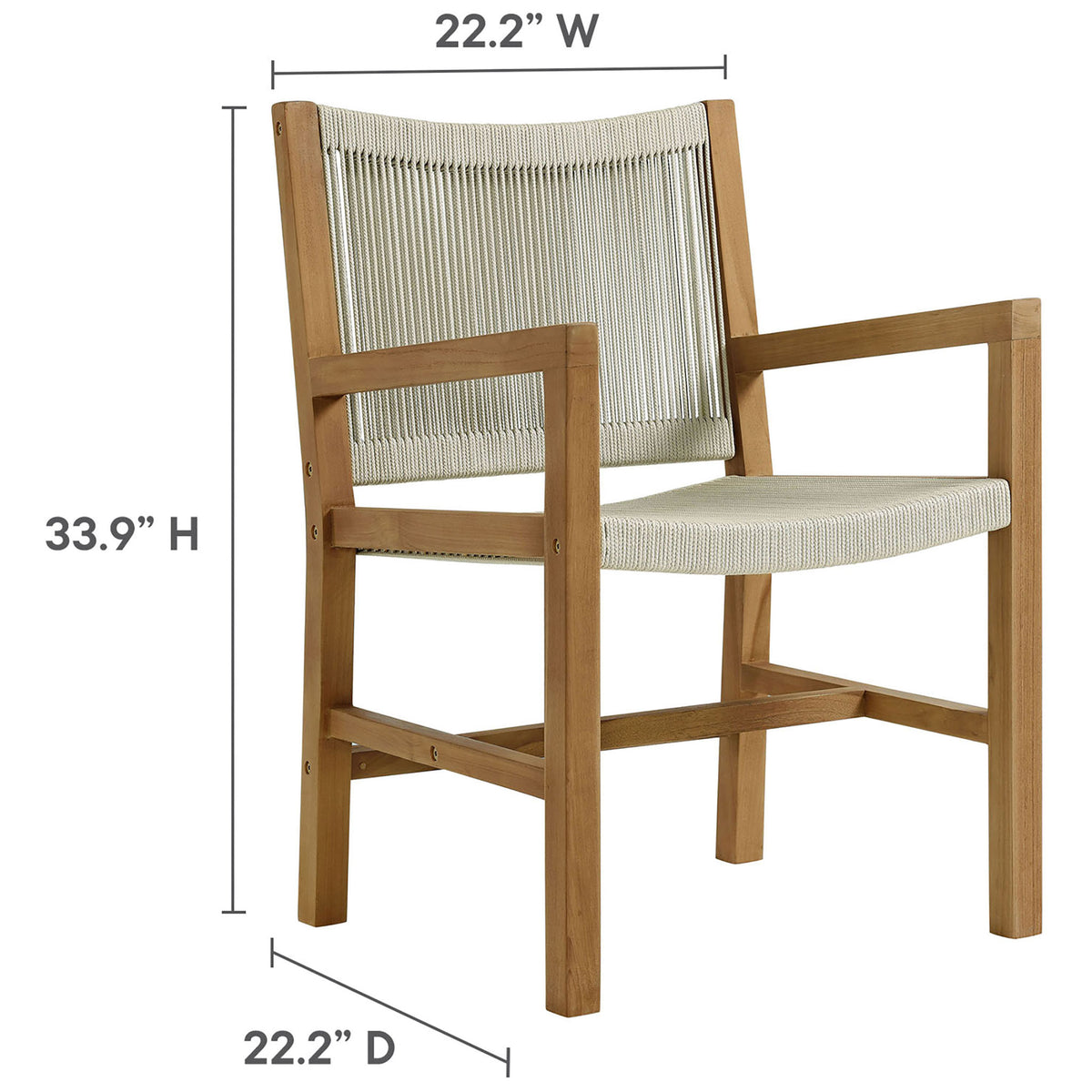 Sizing details show height, width, and depth of the teak and natural rope armchair for planning || EEI-6806-NAT-NAT || dimension_studio