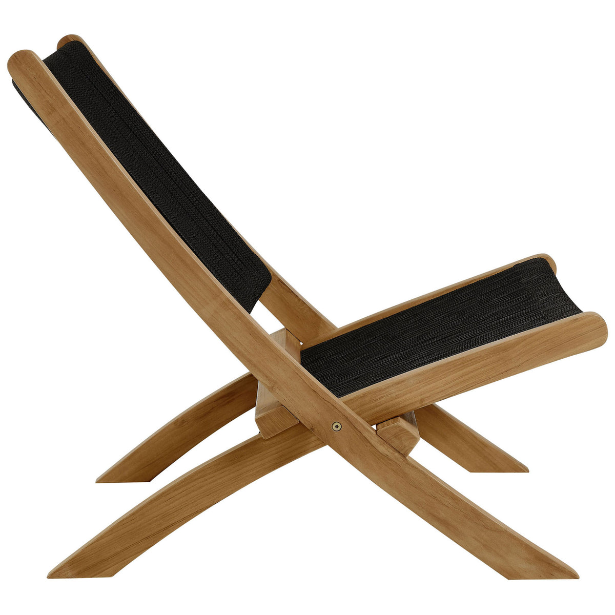 Low-profile teak lounge chair showcasing the sleek black rope seat and reclined backrest || EEI-6808-NAT-BLK || side_studio