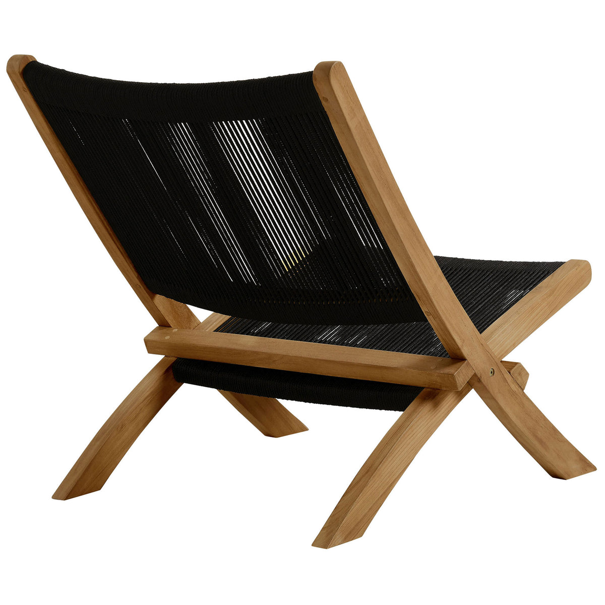 Teak lounge chair with vertical black rope across the backrest for an airy, open look || EEI-6808-NAT-BLK || back_angle_studio