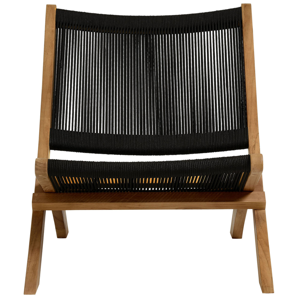 Wide black rope seat and gently curved teak frame invite relaxed lounging in this chair || EEI-6808-NAT-BLK || front_studio