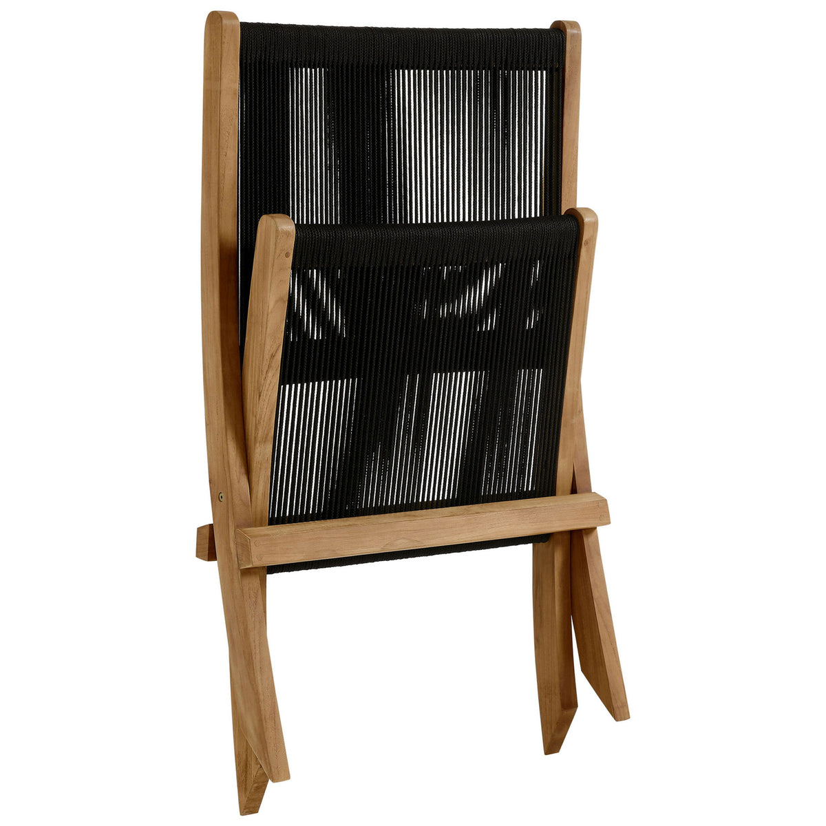 Folding teak and black rope lounge chair stands upright, showcasing its compact storage profile || EEI-6808-NAT-BLK || front_angle_converted_studio