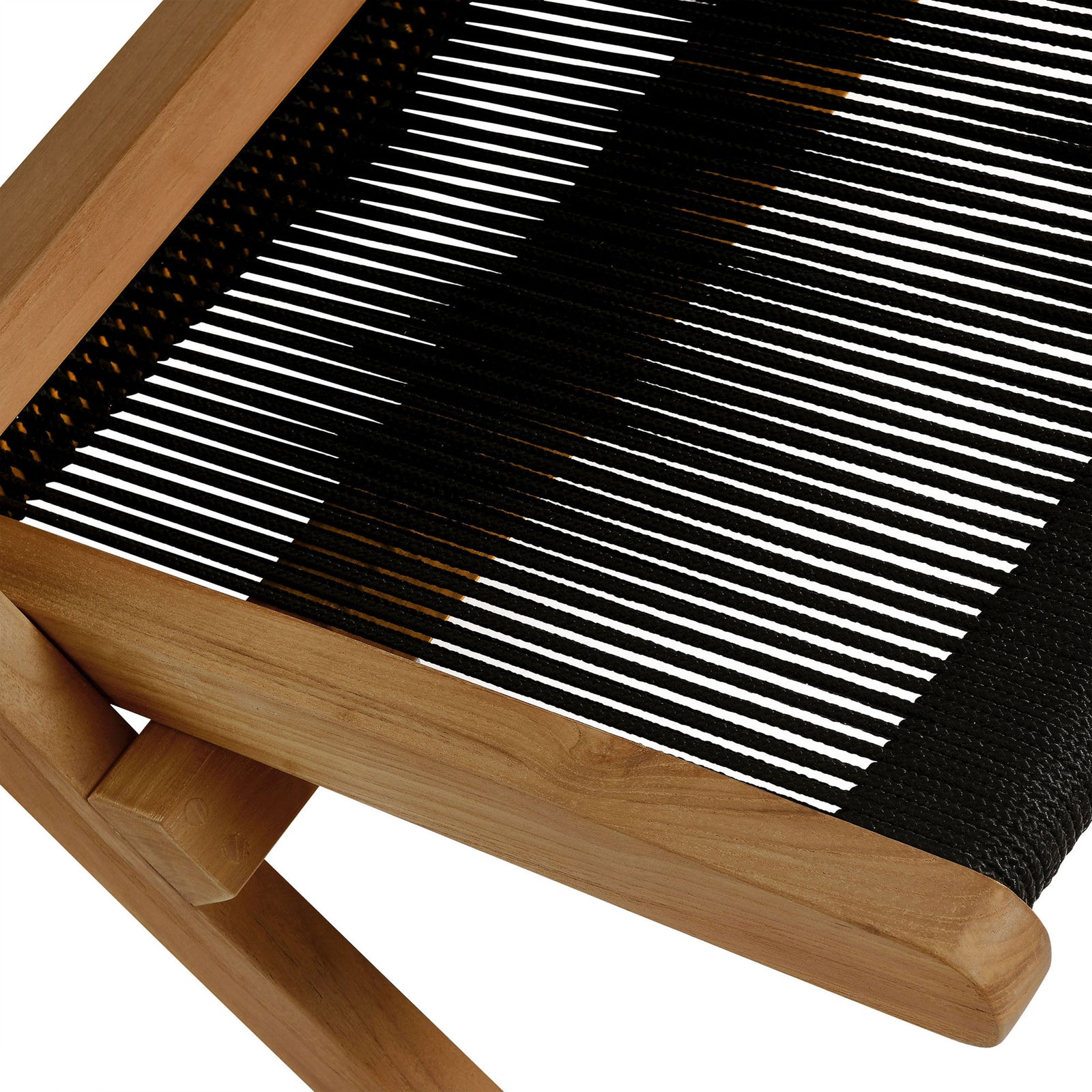 Tightly woven black nylon rope seat contrasts with the smooth teak wood frame || EEI-6808-NAT-BLK || swatch_studio