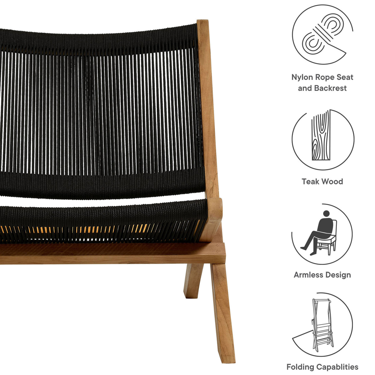 Graphic highlighting the chair's black rope seat, teak wood frame, armless silhouette, and folding design || EEI-6808-NAT-BLK || callout_studio