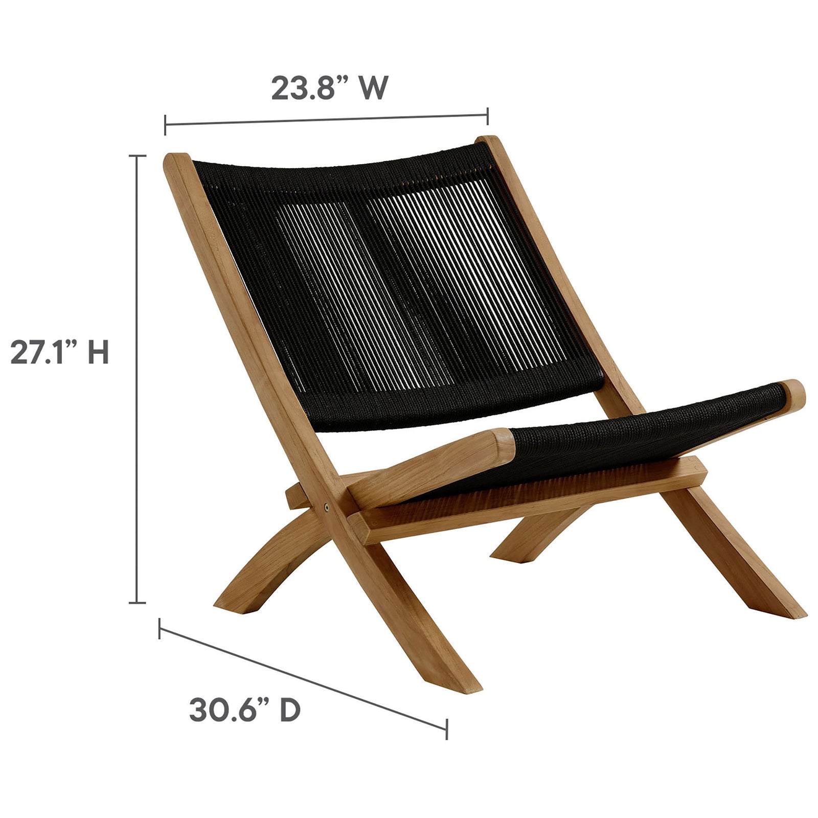 Dimension graphic showing the black rope teak lounge chair's overall height, width, and depth measurements || EEI-6808-NAT-BLK || dimension_studio