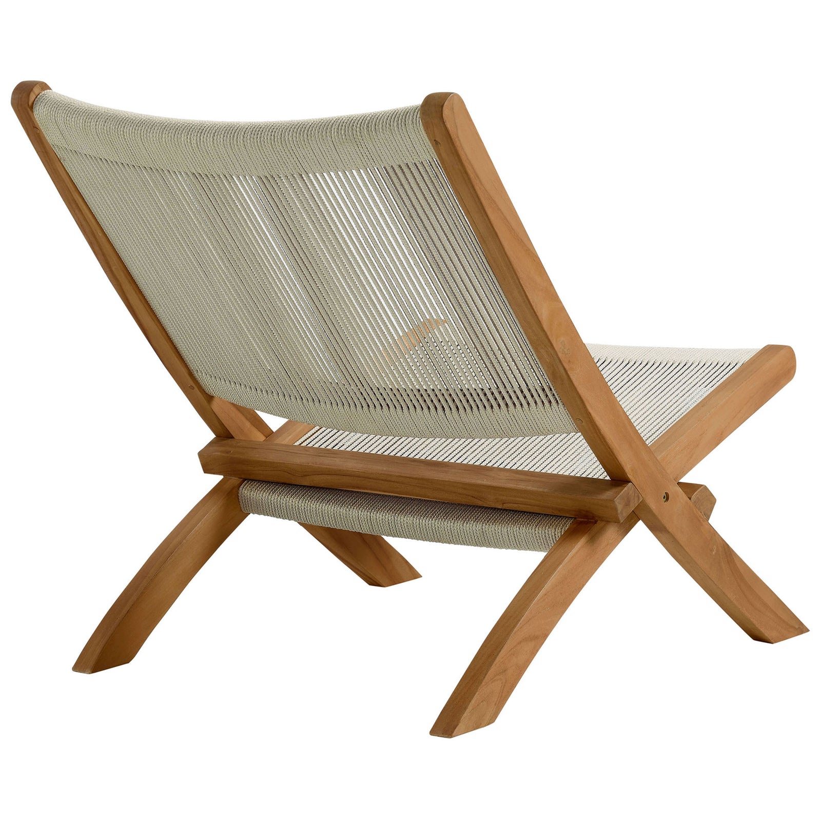 Teak lounge chair with vertical natural rope across the backrest for an airy, open feel || EEI-6808-NAT-NAT || back_angle_studio