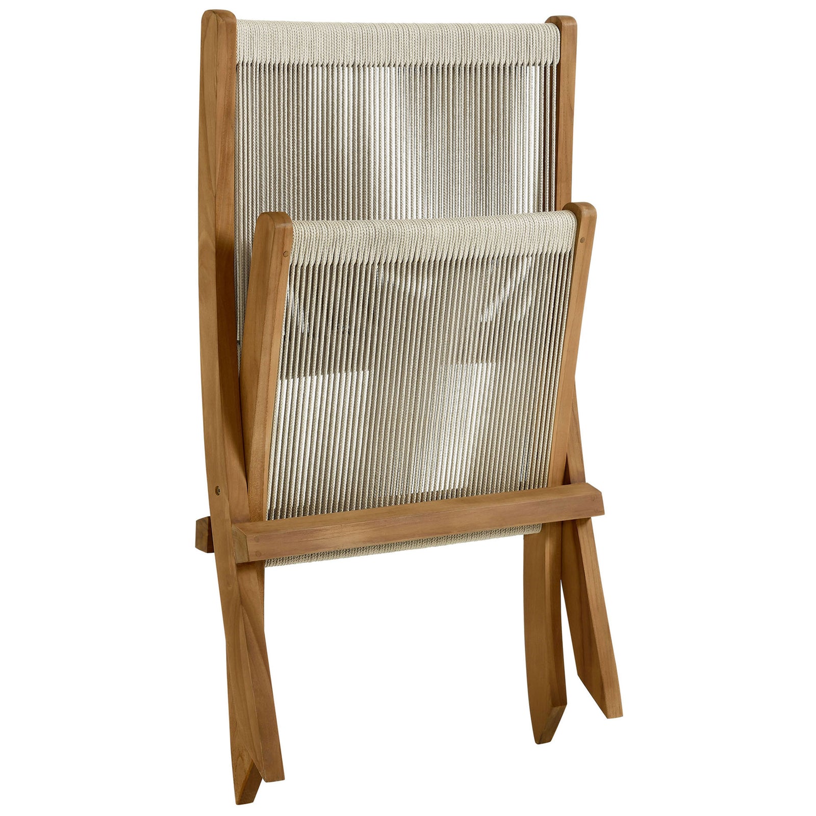 Folding teak and natural rope lounge chair stands upright, showcasing its slim, space-saving profile || EEI-6808-NAT-NAT || front_angle_converted_studio