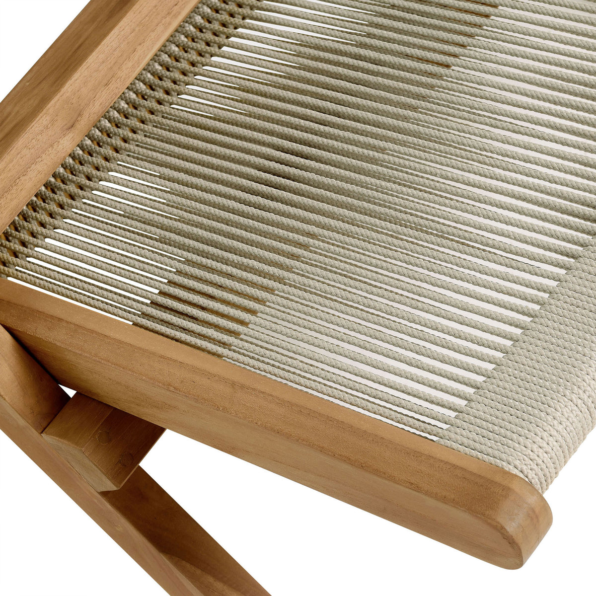 Tightly woven natural nylon rope seat contrasts with the warm, smooth teak wood frame || EEI-6808-NAT-NAT || swatch_studio