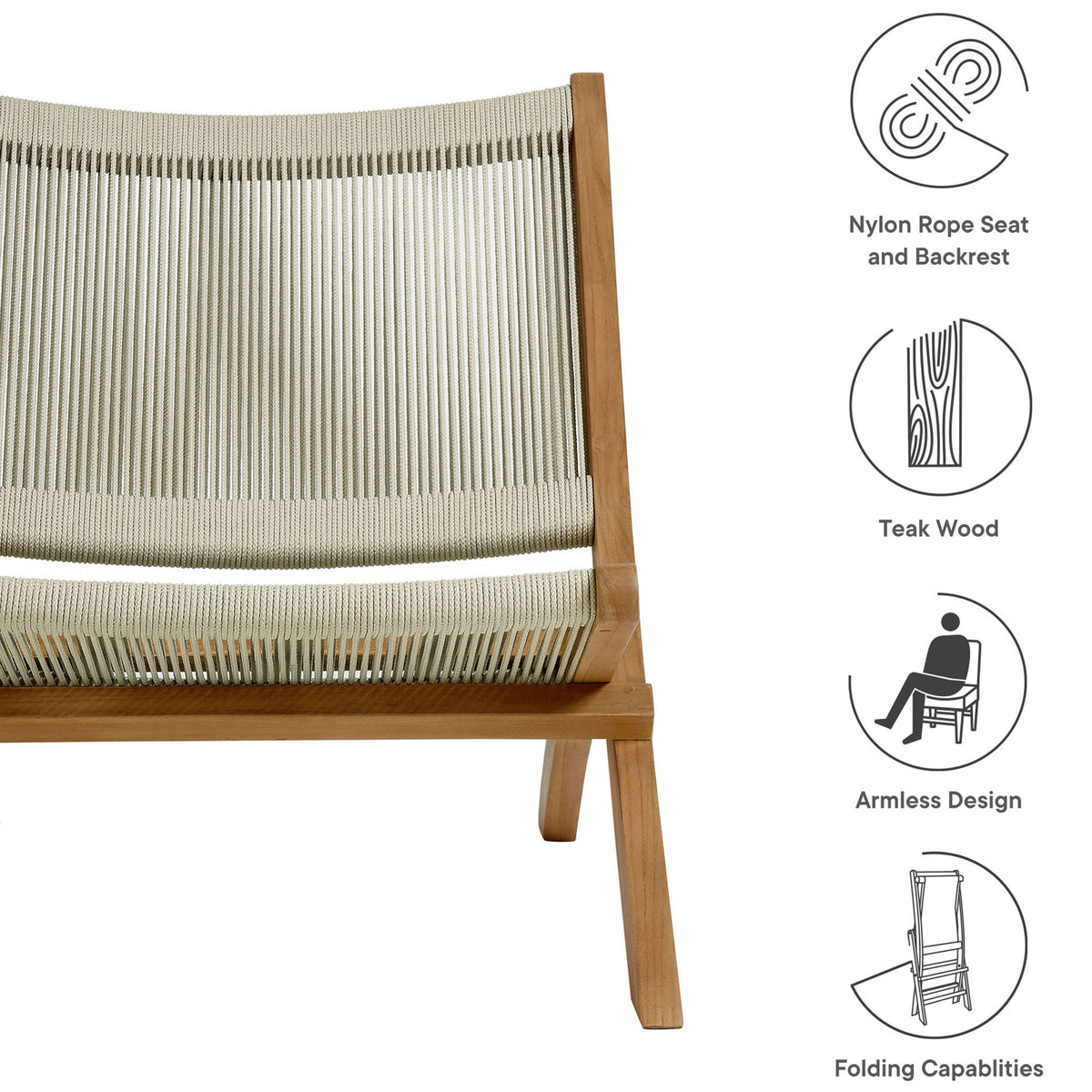Graphic highlighting the chair's natural rope seat, teak wood frame, armless silhouette, and folding design || EEI-6808-NAT-NAT || callout_studio