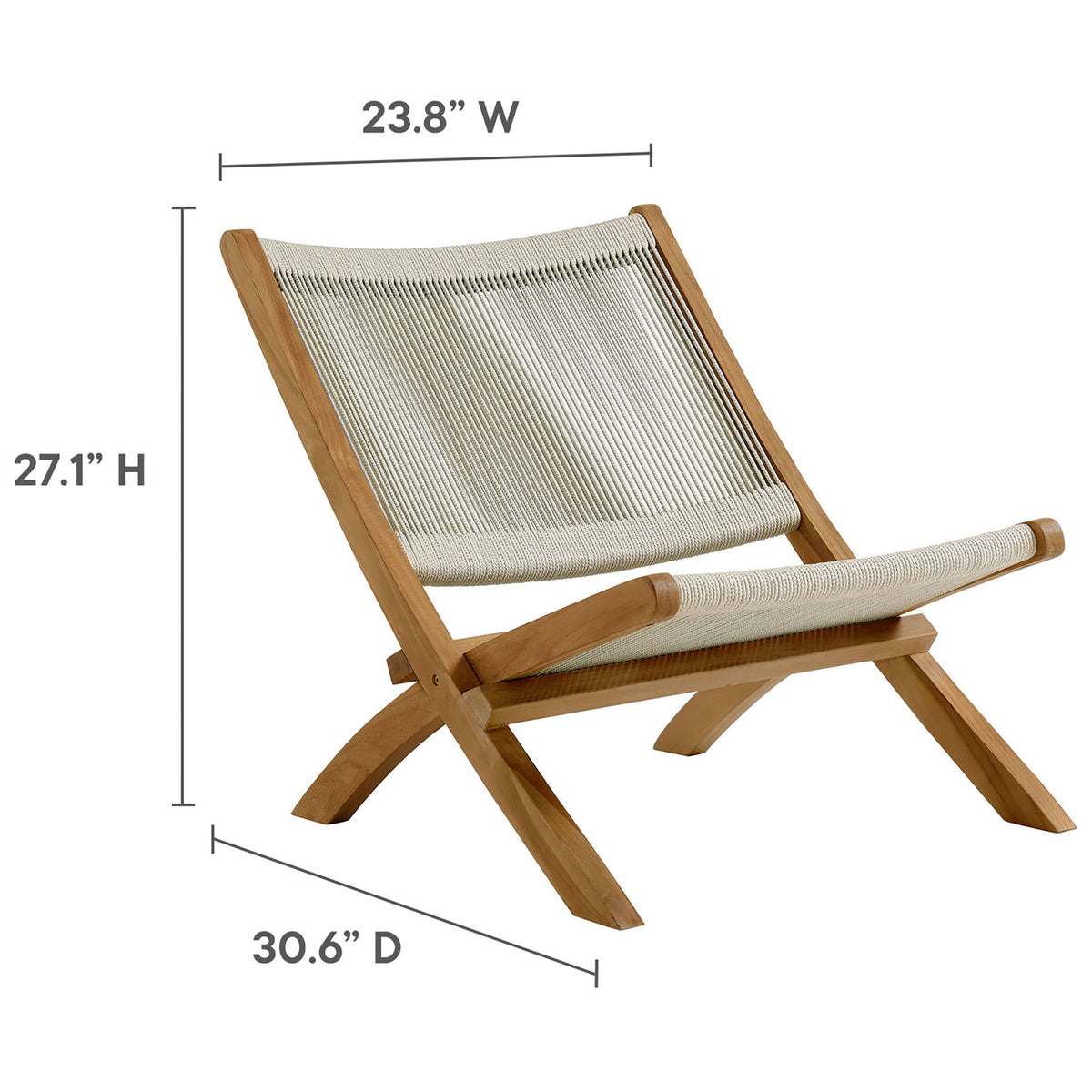 Dimension graphic showing the natural rope teak lounge chair's overall height, width, and depth measurements || EEI-6808-NAT-NAT || dimension_studio