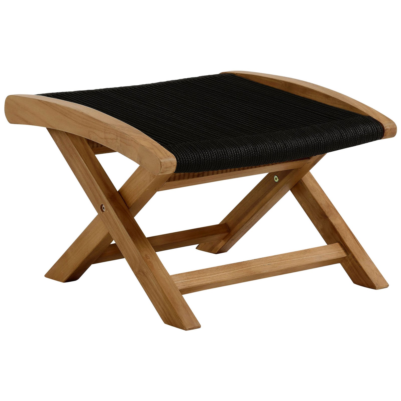 Teak X-base ottoman with contoured black rope seat adds modern comfort to patio seating || EEI-6809-NAT-BLK || front_angle_studio