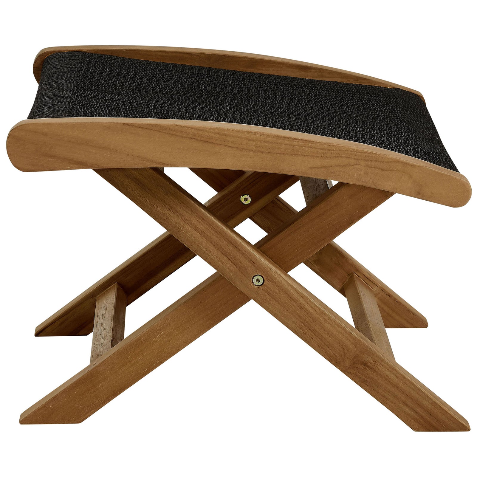 Low profile teak folding ottoman showcasing black rope seat and sleek crossed legs || EEI-6809-NAT-BLK || side_studio