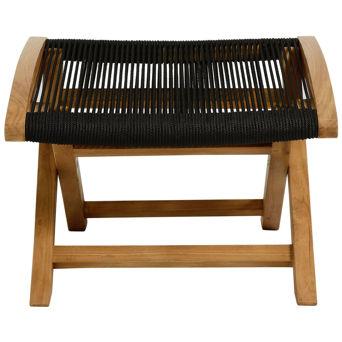 Vienna teak folding ottoman with black woven rope seat for relaxed outdoor foot support || EEI-6809-NAT-BLK || front_studio