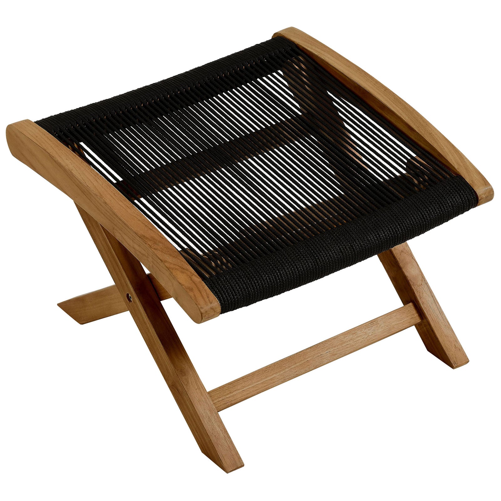 Open weave black rope seat pairs with smooth teak frame to create an airy folding footrest || EEI-6809-NAT-BLK || top_angle_studio