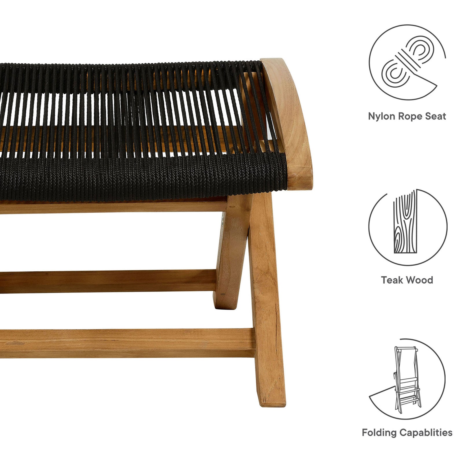 Vienna ottoman highlighting nylon rope seat, durable teak wood frame, and compact folding design || EEI-6809-NAT-BLK || callout_studio