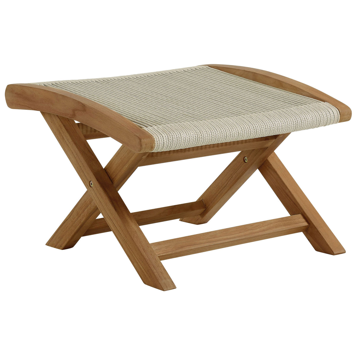 Teak X-base ottoman featuring softly hued natural rope seat to complement patio seating || EEI-6809-NAT-NAT || front_angle_studio
