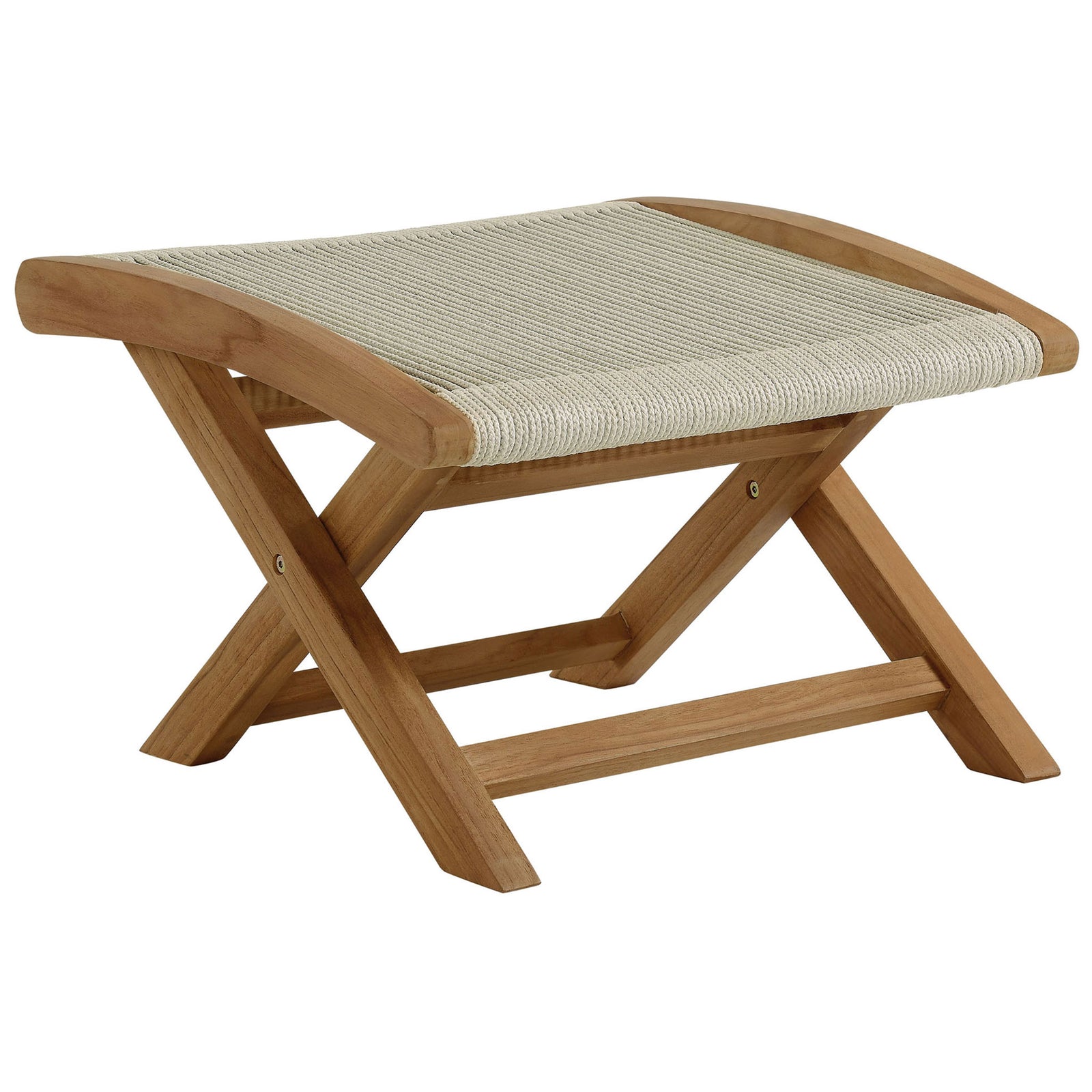 Teak X-base ottoman featuring softly hued natural rope seat to complement patio seating || EEI-6809-NAT-NAT || front_angle_studio