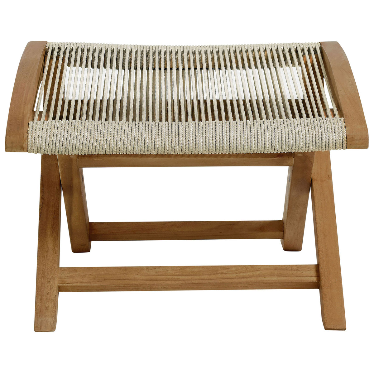 Vienna teak folding ottoman with natural rope seat for casual outdoor foot resting || EEI-6809-NAT-NAT || front_studio