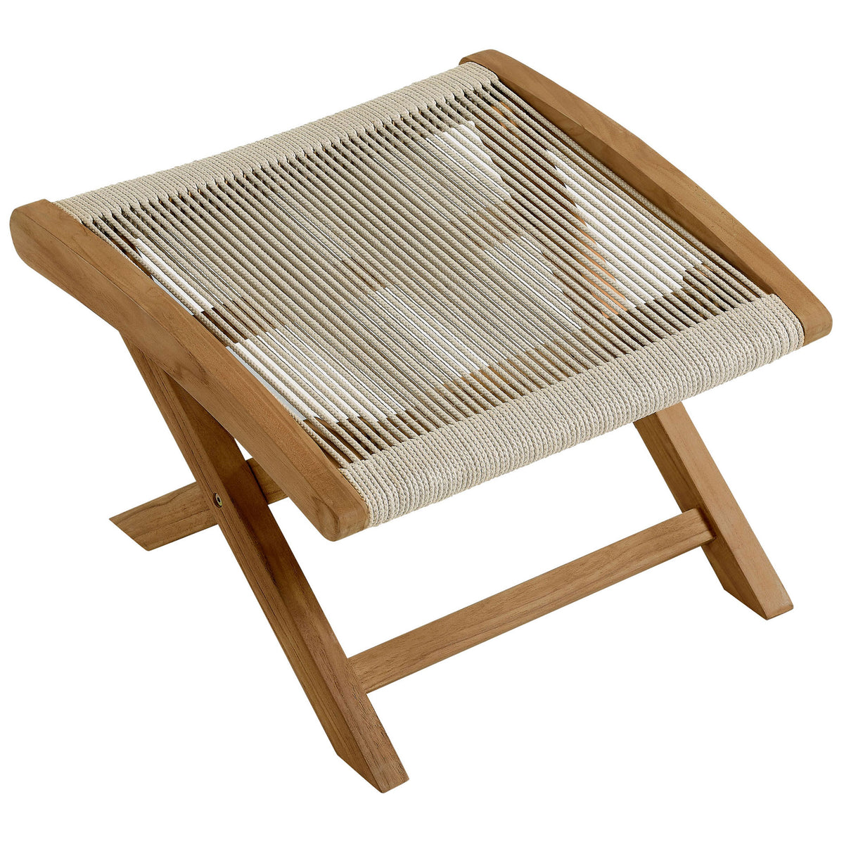 Open weave natural rope seat pairs with warm teak frame in a compact folding footrest || EEI-6809-NAT-NAT || top_angle_studio