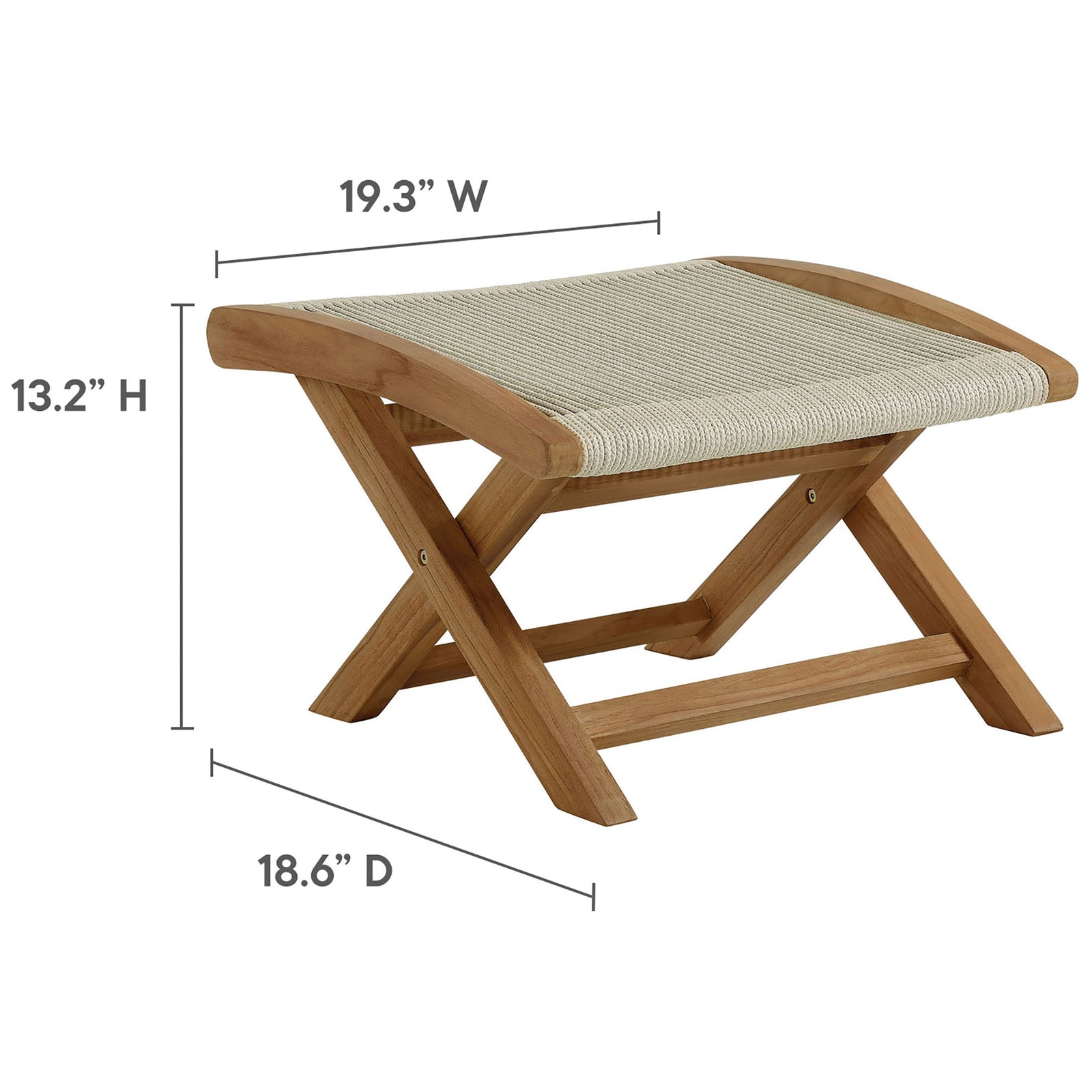 Vienna folding ottoman with natural rope seat and teak frame shown with key measurements || EEI-6809-NAT-NAT || dimension_studio