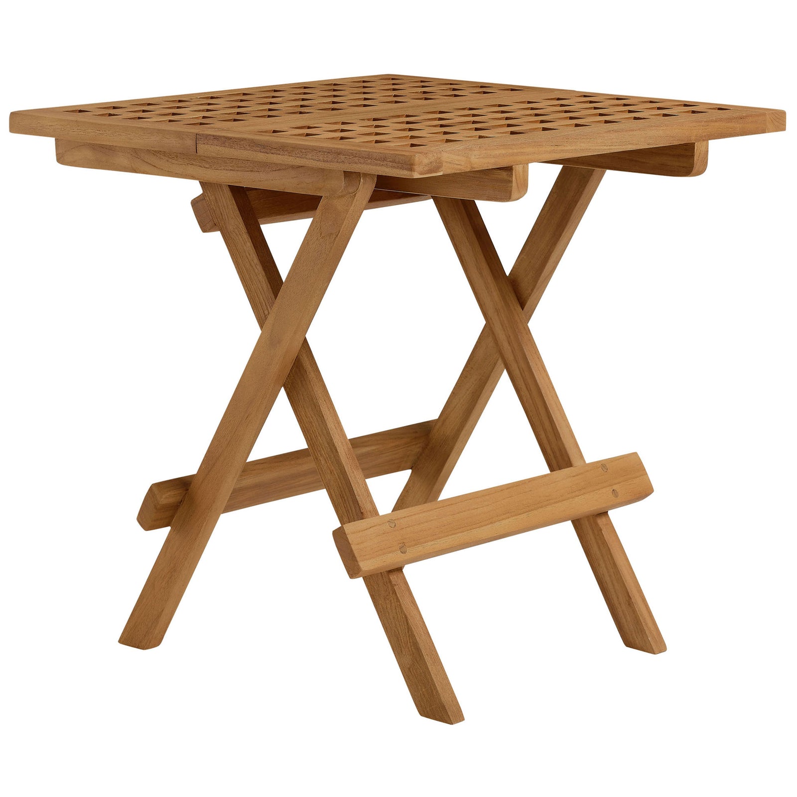 Teak folding side table with square lattice top and sturdy cross legs || EEI-6810-NAT || front_angle_studio