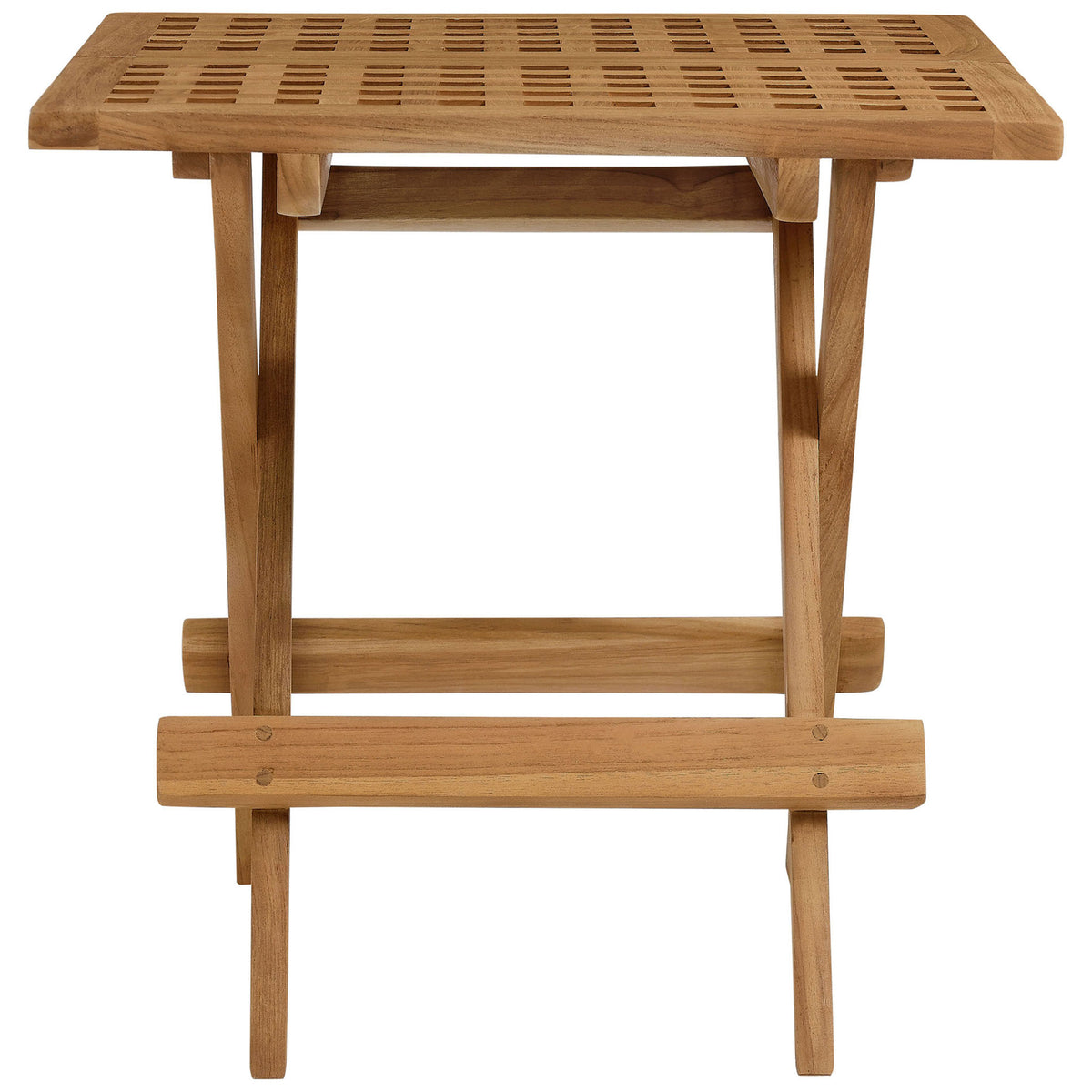 Compact teak patio side table with grid tabletop and H-frame stretcher base || EEI-6810-NAT || front_studio