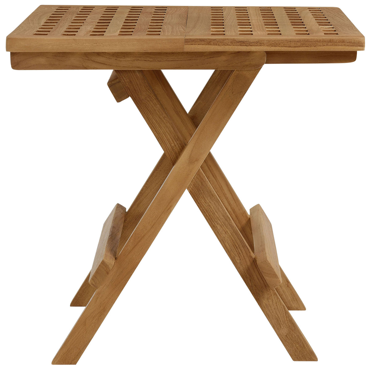 Slim side profile of teak folding side table with crossed support legs || EEI-6810-NAT || side_studio