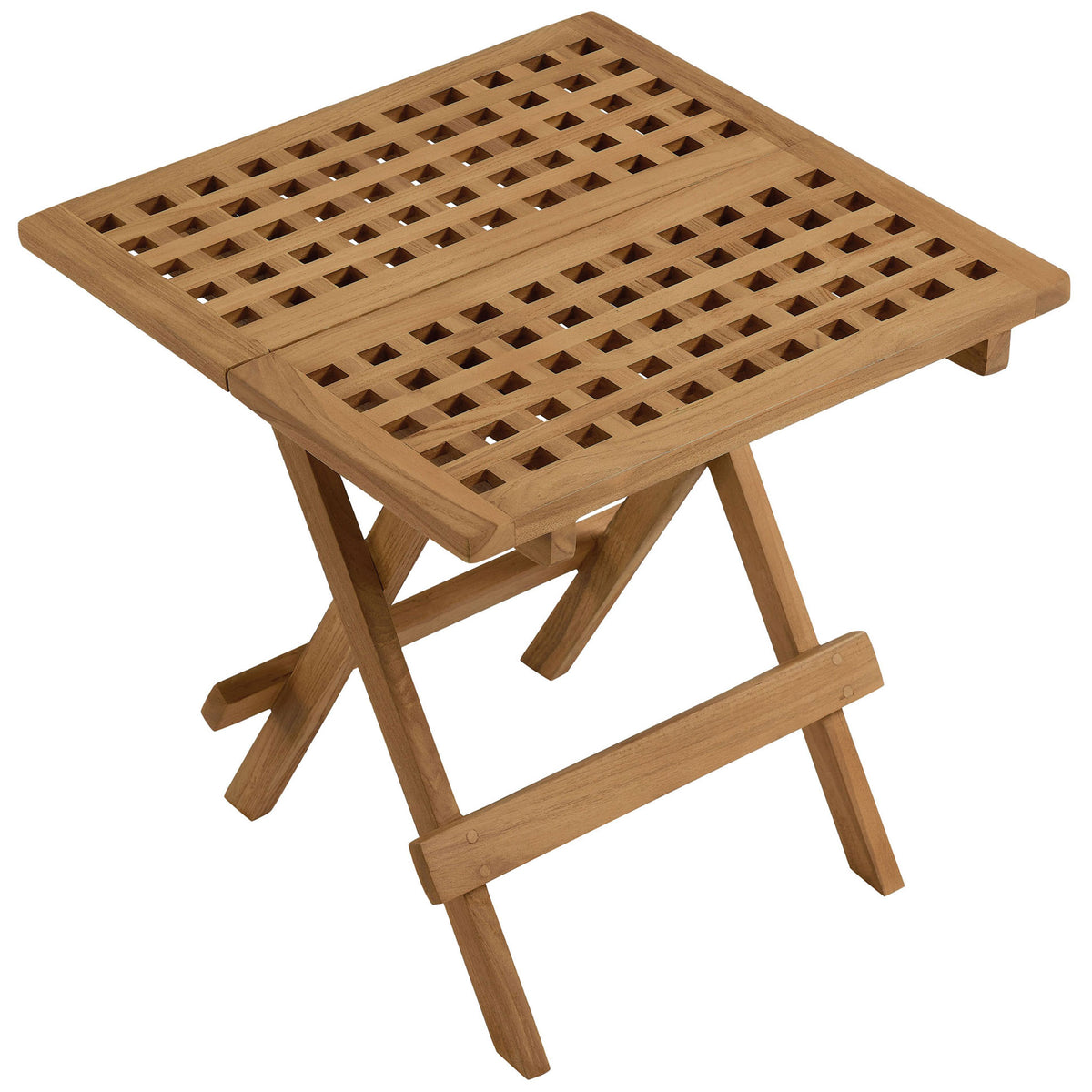 Lattice-pattern teak tabletop showcasing square grid design and smooth framed edges || EEI-6810-NAT || top_angle_studio