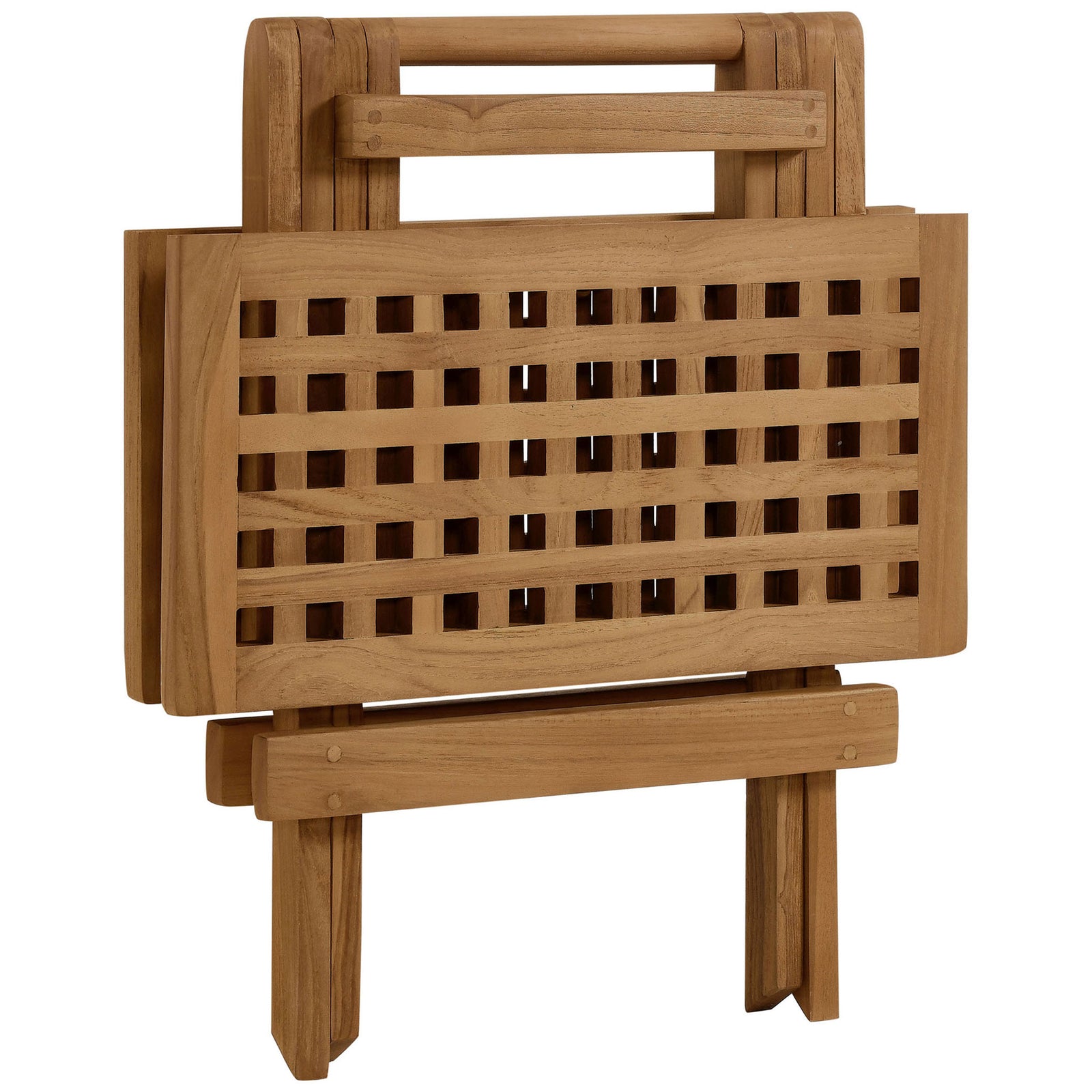 Folded teak side table highlighting its compact, space-saving storage profile || EEI-6810-NAT || front_angle_converted_studio
