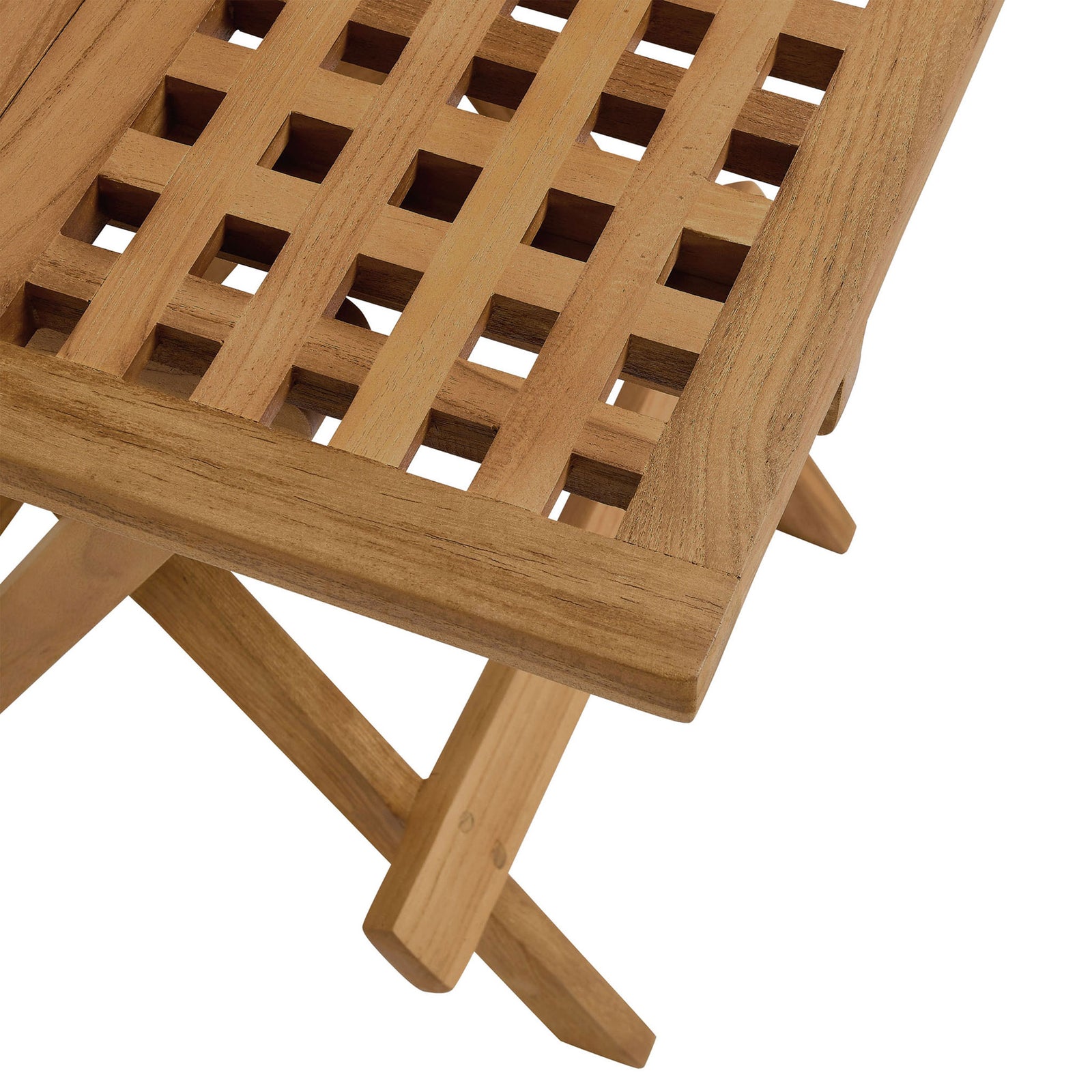 Close-up of natural teak wood grain and open square-grid tabletop pattern || EEI-6810-NAT || swatch_studio