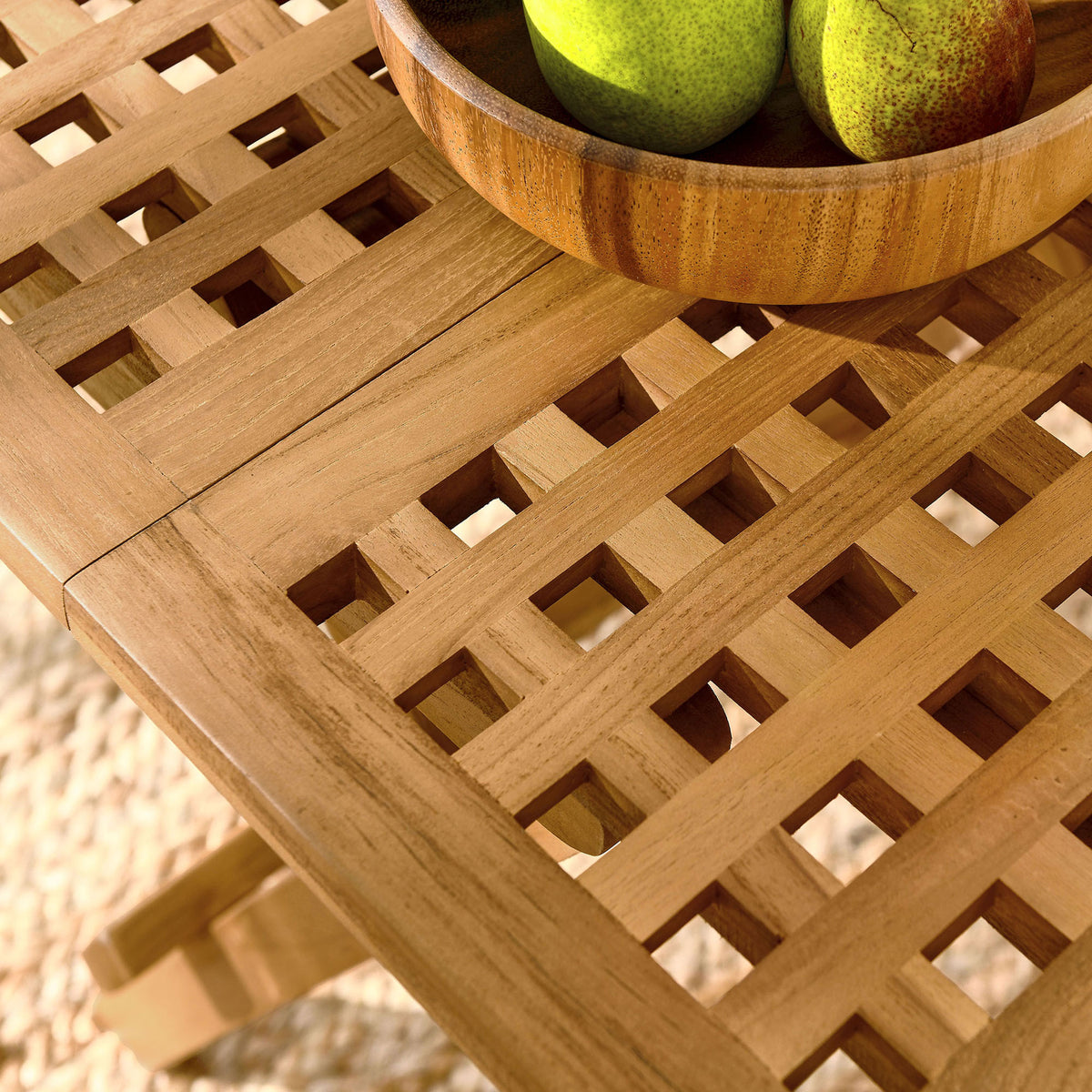 Teak lattice tabletop styled with wooden bowl and fruit on a textured rug || EEI-6810-NAT || swatch_room
