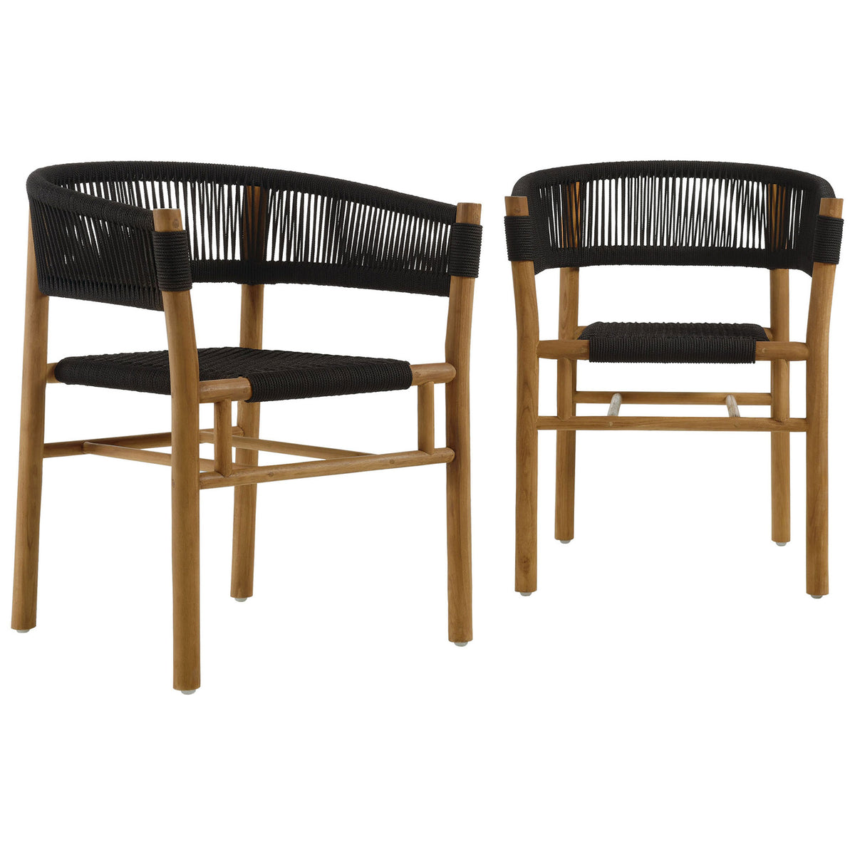 Pair of black rope curved-back dining armchairs with solid teak frames for modern outdoor seating || EEI-6811-NAT-BLK || front_angle_multi_studio